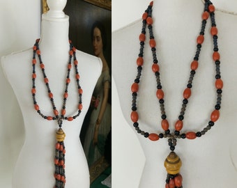 Vintage Art Deco large wood beads tassel necklace/art deco French necklace/flapper tassel necklace