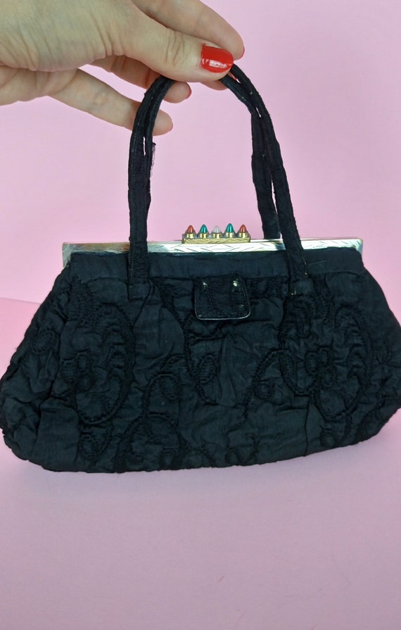 Vintage 30s black brocade handbag/Art Deco purse - image 3