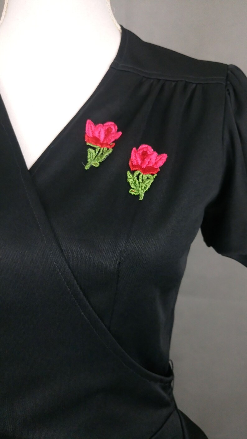 Vintage 70s wrap dress red rose embroidered appliqu\u00e9black ruffle flutter sleeves day dress