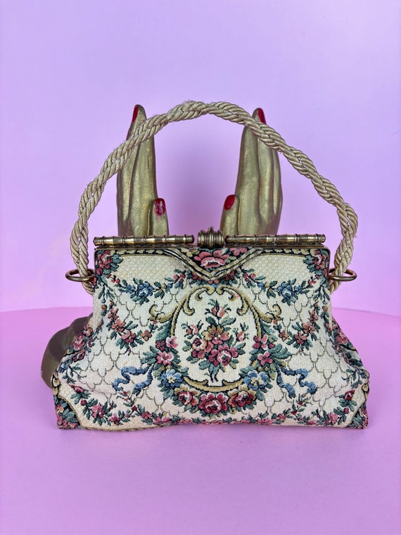 Antique 20s/30s Tapestry floral bag/Art Deco clasp - image 1