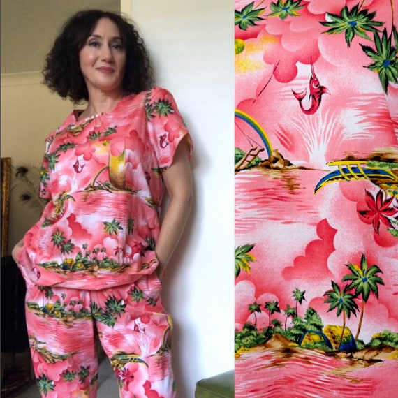 Vintage 80s Hawaiian print lounging set/pijama set