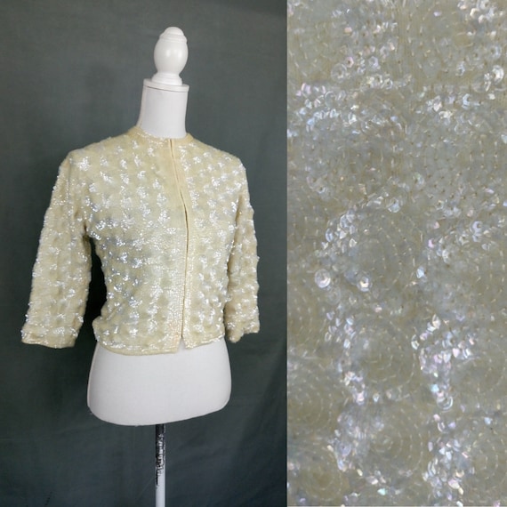Vintage 1950s heavily sequinned ivory wool Cardiga