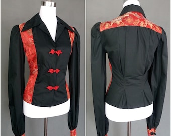 Vintage 40s style black and red Oriental Blouse/puffy sleeves top/size S/M