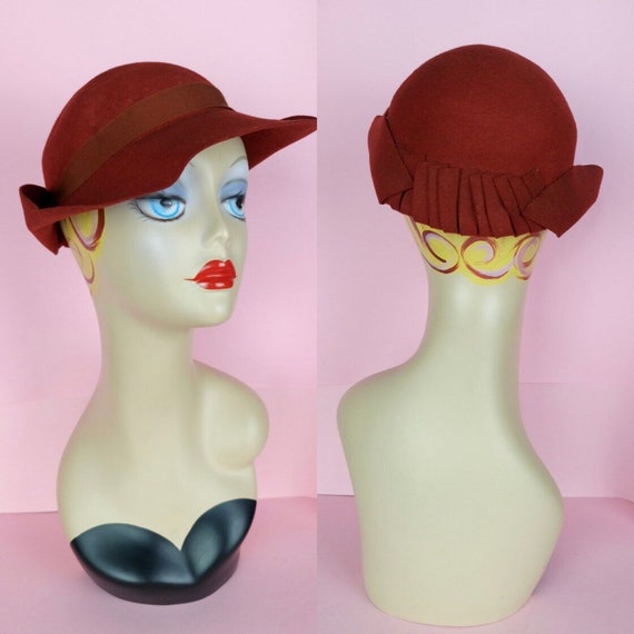 Vintage 30s/40s rust orange felt wool tilt hat, s… - image 1