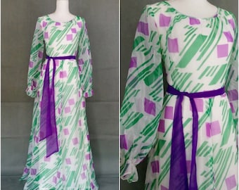 Vintage 60s maxi chiffon dress/geometric print hostess dress/size S/M