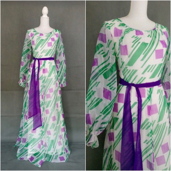 Vintage 60s maxi chiffon dress/geometric print ho… - image 1