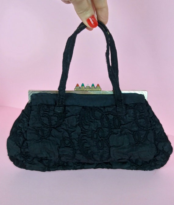 Vintage 30s black brocade handbag/Art Deco purse - image 1