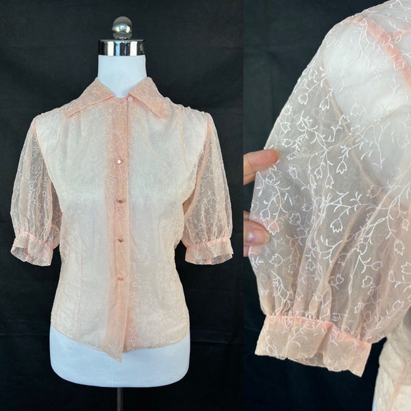 Vintage 50s blush pink sheer nylon floral blouse/size M/L