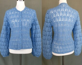 Vintage Light Blue Lace Crochet Cardigan jacket hand knitted/size M/L