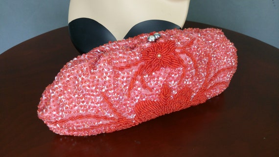 Vintage 50s/60s watermelon red beaded sequinned c… - image 8