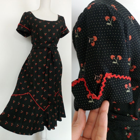 Vintage 40s style black and red cherries dress/siz