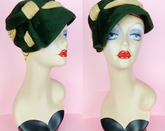 Vintage 40s/50s forest green and beige wool hat