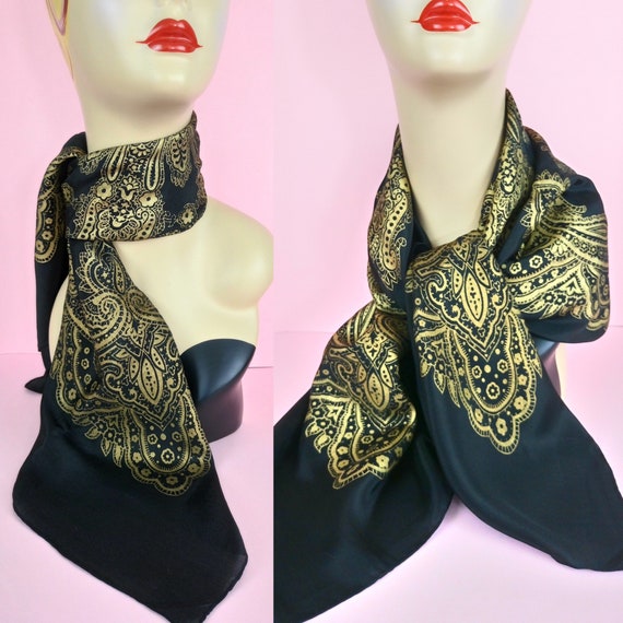 Vintage 30s/40s black and gold Barocco silk scarf