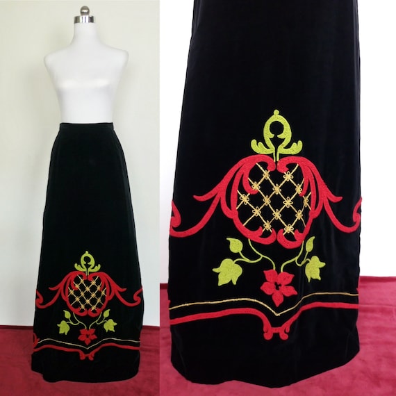 Vintage 60s 70s Black Velvet Floral Embroidered Skirt size S Etsy