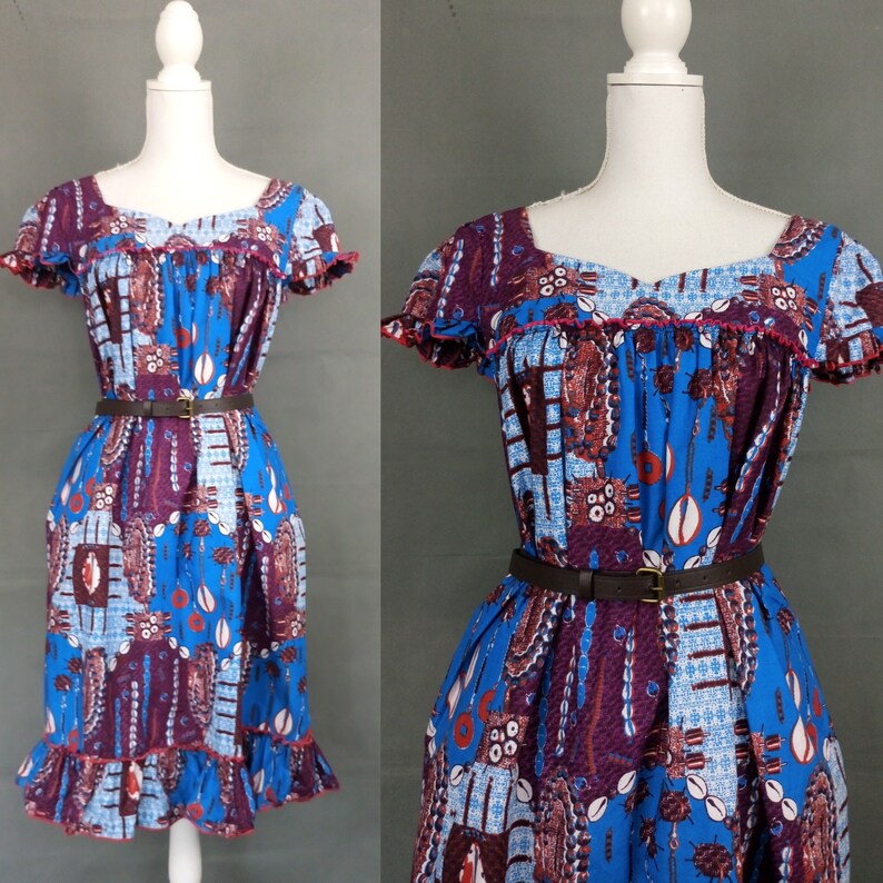 Vintage 1960s70s cotton summer dresscolourful midi sun beach dress size60s novelty print house dressML
