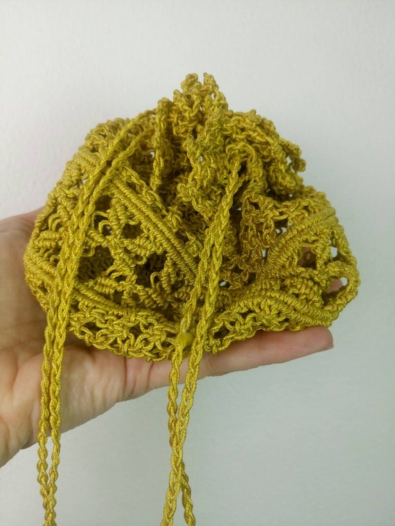 Vintage 30s gold cord handbag/crochet drawstring … - image 4