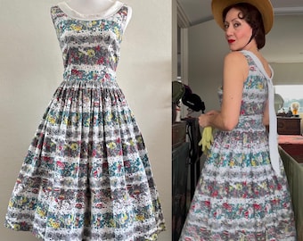 Vintage 1950s novelty print cotton dress/garden tea dress/sun dress/size S/M