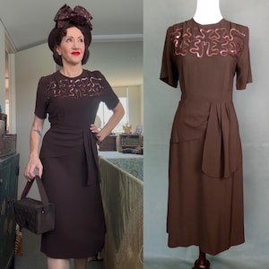 Vintage 40s chocolate brown rayon crepe dress with sequins/size S/M