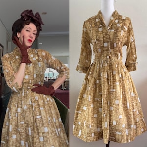 Vintage 1950s  geometric print day dress/size S/M