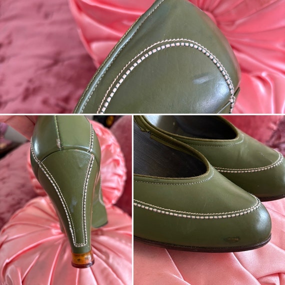 Vintage 1940s green leather shoes top stitched curvy pumps round toe Rockabilly Pin Up size 7 7.5 Etsy Mexico