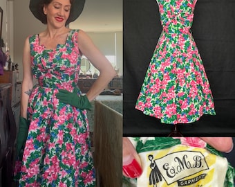 Vestido de verano vintage de algodón con estampado floral de los años 50 y 60, con lazo grande, para el jardín, talla S