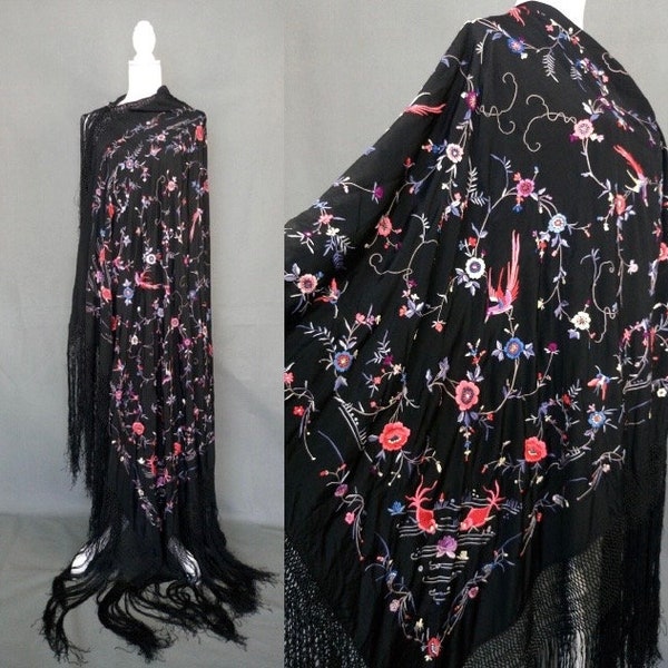 Vintage 20s/30s large black silk hand embroidered floral piano shawl/flapper shawl