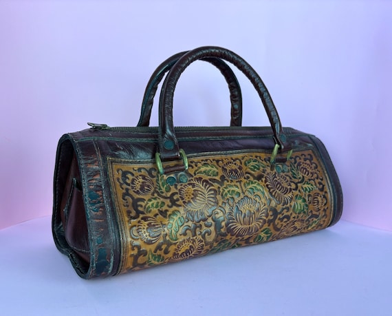 Vintage 60s/70s hand tooled floral leather barrel… - image 3