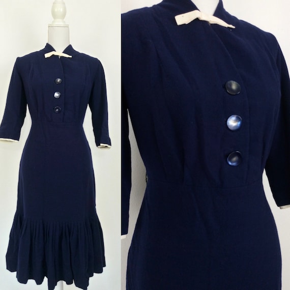 Vintage late 30s navy blue wool dress/size M