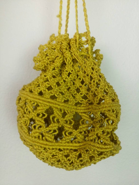 Vintage 30s gold cord handbag/crochet drawstring … - image 2