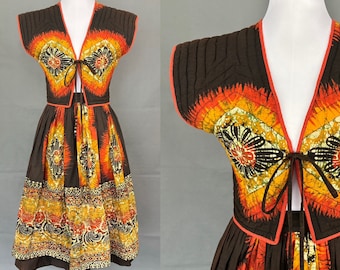 Vintage 70s folk design skirt and quilted vest set/size XS/S