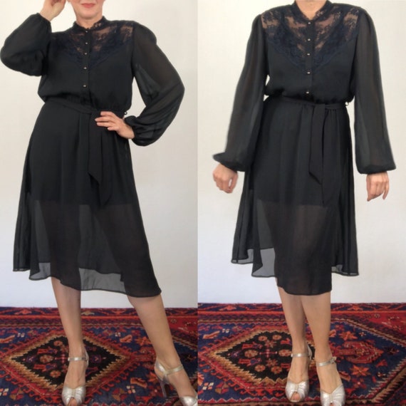 Vintage 70s black sheer dress/bishop sleeves/size