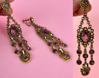 Antique Renaissance Revival chandelier earrings with amethyst glass and enamel accents/Austro Hungarian style earrings