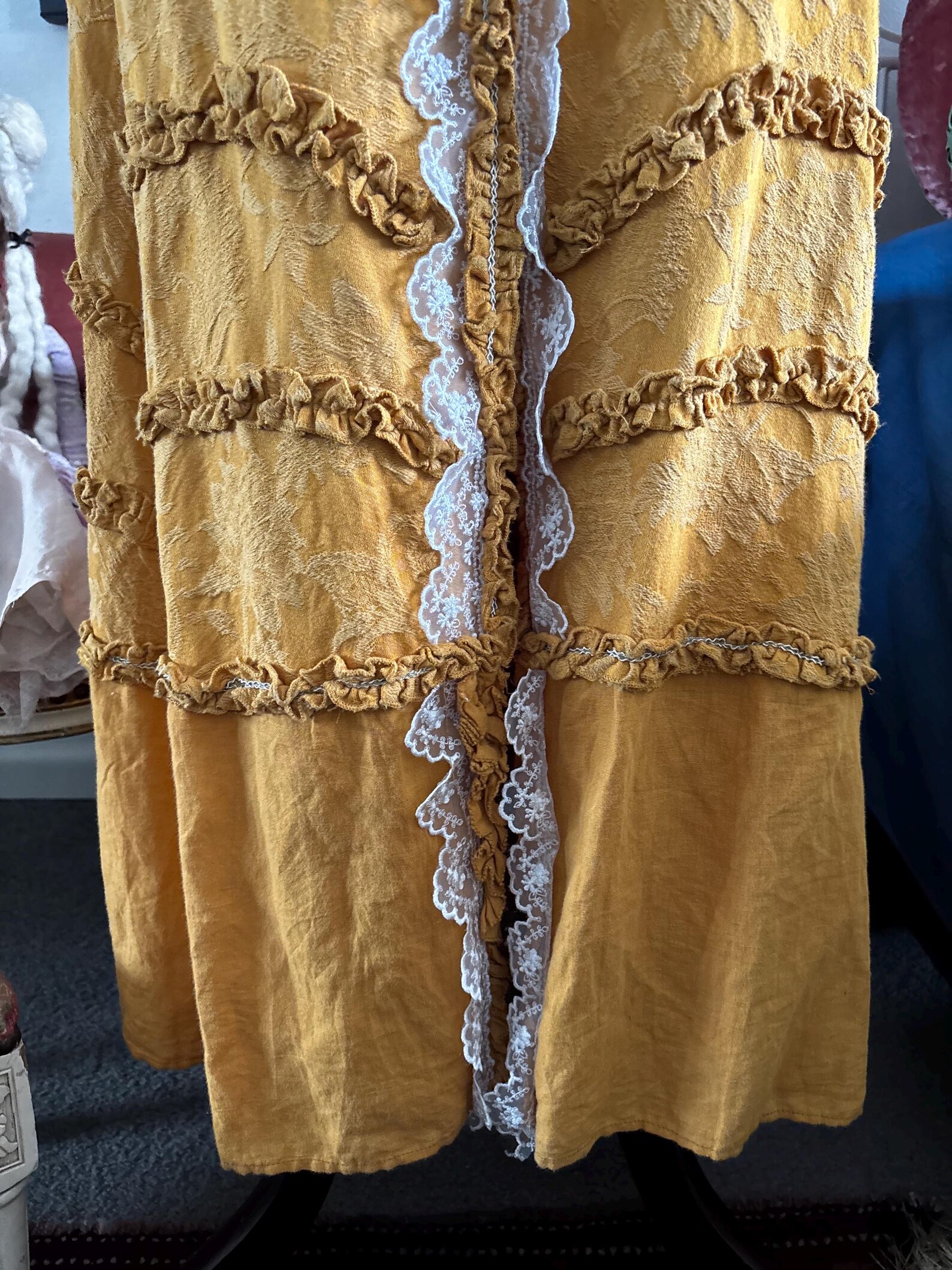 Mustard Yellow Robe Rococo Style Mustard Yellow Cotton and White Lace Open Robe/period ...