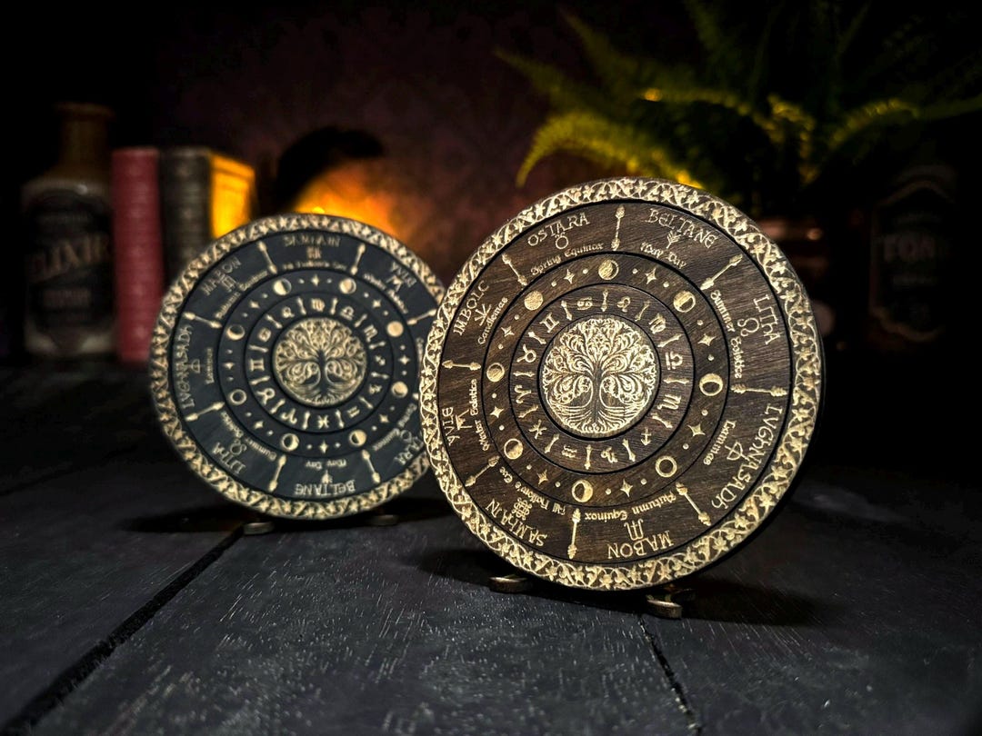Wheel of the Year engraved rotating solid wood mini Pagan Wicca annual seasonal festivals sabbats, moon phases & zodiac signs calendar