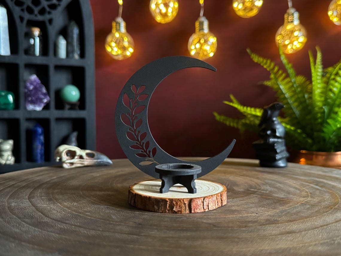 Wooden Crescent Moon Plant Sphere Stand, Wood Crystal Holder, Black ...
