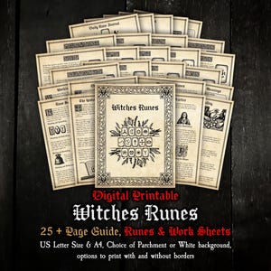 May include: A collection of aged-looking pages with the title "Witches Runes" displayed prominently. The pages feature decorative borders and illustrations. The text "Digital Printable Witches Runes" is also visible.