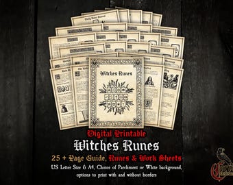 Puede incluir: Un conjunto de páginas de estilo pergamino con el título "Witches Runes" en el centro. Las páginas tienen bordes decorativos e ilustraciones. El texto "Digital Printable Witches Runes" también es visible.