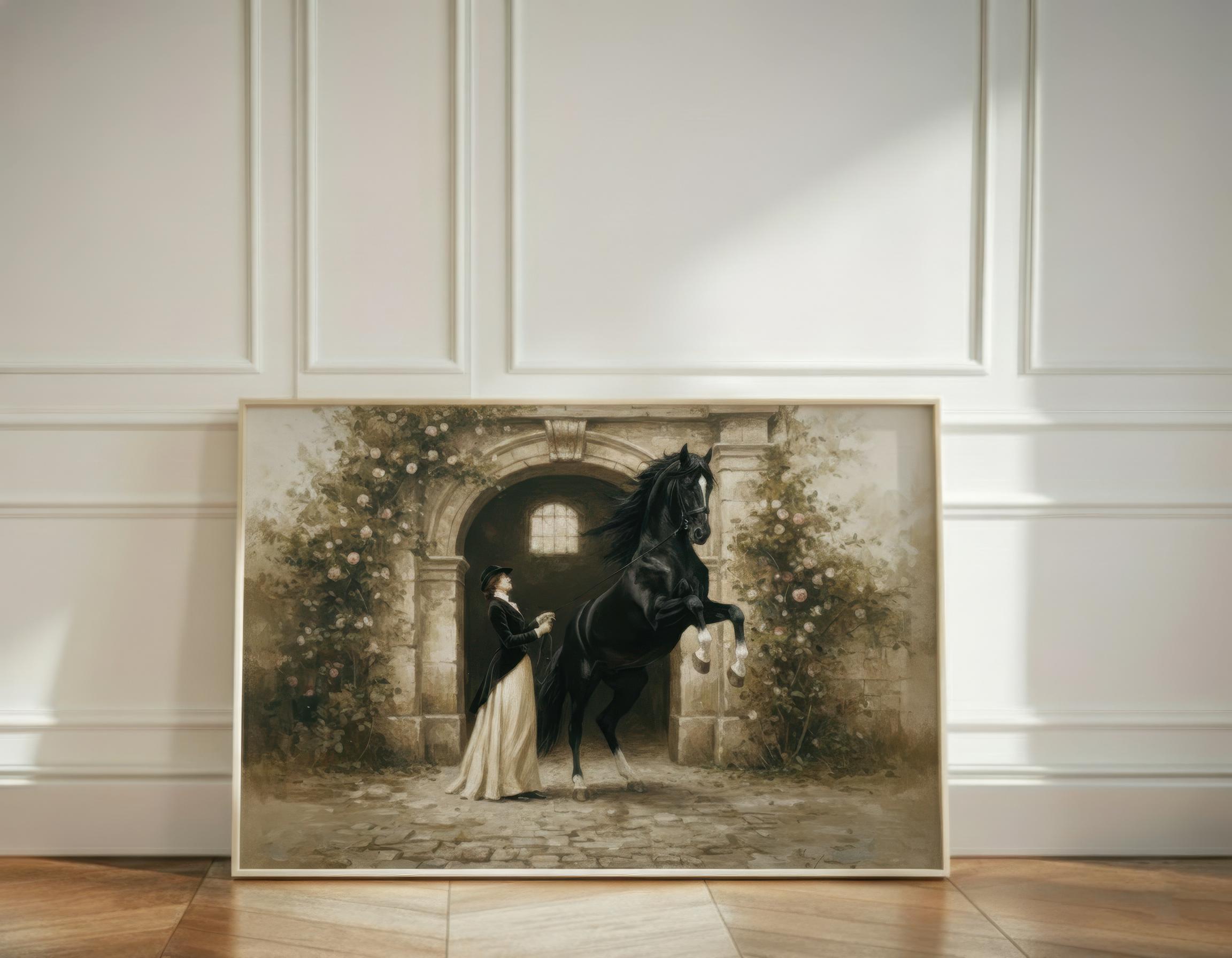 Vintage Equestrian Art Print, Black Horse, Elegant Lady (digital ...