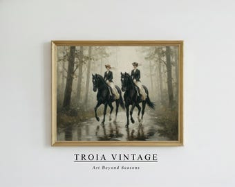Stampa digitale di un dipinto equestre vintage, donne vittoriane a cavallo.