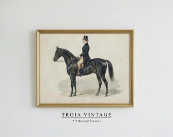 Quadro vintage con cavaliere, stampa di dipinto equestre classico, decorazione murale senza tempo, download digitale
