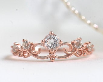 Princess ring rose gold - Sterling Silver ring with white Topaz - Crown Ring in vintage style - Tiara Ring - Birthday ring - Gifts for her