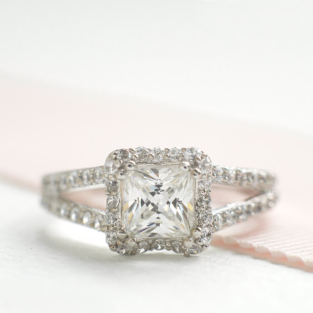 Sterling Silver Engagement Ring Cushion Cut CZ Diamond Ring | Etsy