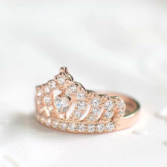Rose Gold Princess Tops Crystal Ring Royal Crown Silver Lady Rose Gold Princess Tops Crystal Ring Royal Crown Silver Lady
