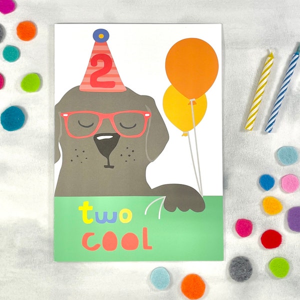 2nd Birthday Card - Two Cool - Second Birthday Dog Card  - 2 Year Old Party