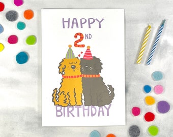 2nd Birthday Card - Cute Doodles Greeting Card  - Second Birthday Dog Card  - 2 Year Old