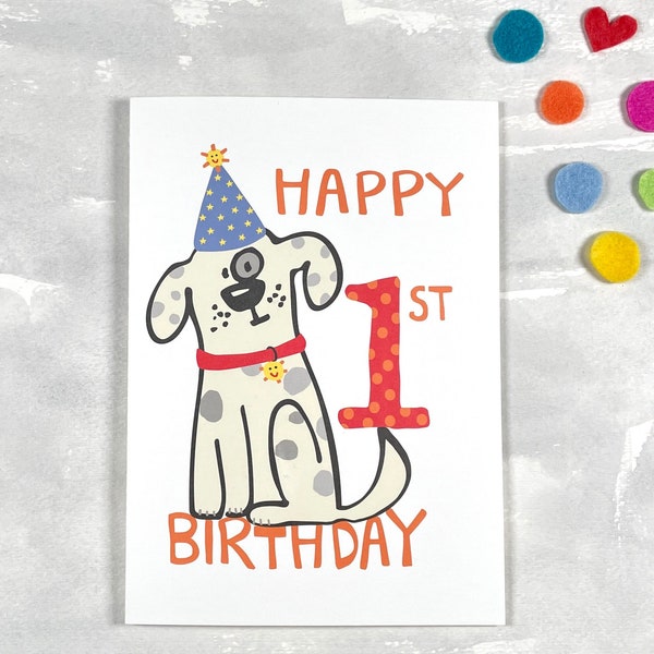 1st Birthday Card - Cute Dog Greeting Card  - First Birthday Dog Card  - 1 Year Old Party