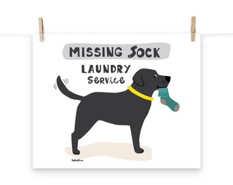 Lámina artística de Labrador negro 'Missing Sock Laundry Service'