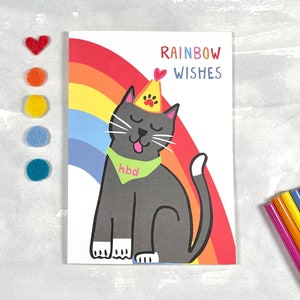 Cartão de aniversário arco-íris - Cartão de felicitações para amantes de gatos - Desejos de arco-íris e beijos de aniversário - Gatinha preta