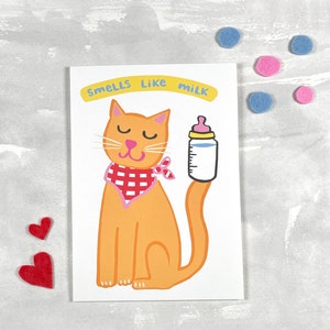 Nieuwe babykaart voor kattenliefhebber, babyshower, gefeliciteerd, nieuwe moeder, ruikt naar melk, Tatutina-wenskaart