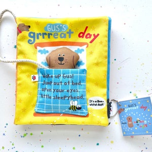 Soft Baby Book Gus's Grrreat Day Dog Lover Baby Gift Organic Cotton Fabric Interactive Toddler Toy Baby Shower Gift image 1